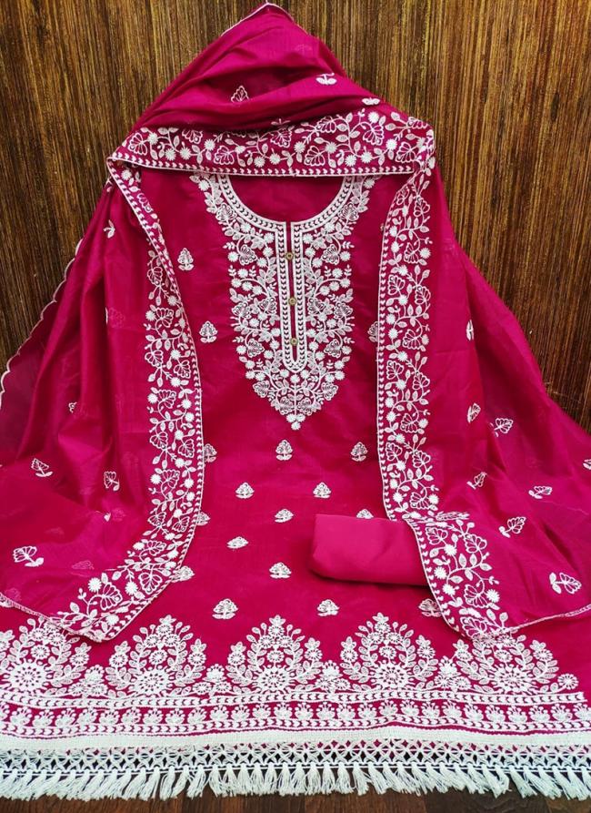 Chanderi Hot Pink Festival Wear Thread Work Dress Material